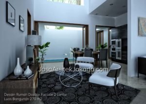 Desain Interior Living Room Rumah Double Facade 2 Lantai Luas Bangunan 270 m2 di Jakarta