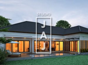 Desain Rumah 1 Lantai Luas 200m2 bali modern dengan kolam renang